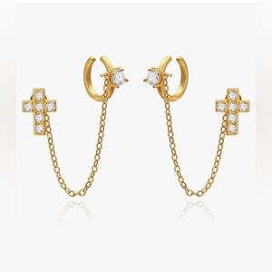 NIB 18K Gold Plated Cubic Zirconia Cross Cuff Earrings